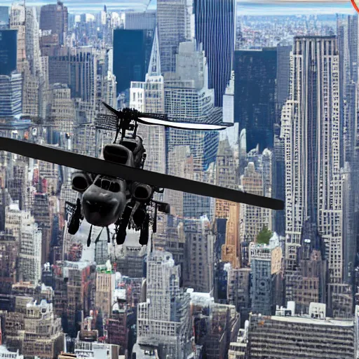 Image similar to apache helicopter, flying, new york skyline, 4k, HD, hyper realistic