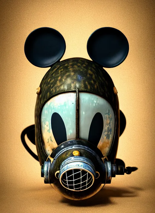 Prompt: 1 9 4 5 wartime mickey mouse head, gas mask, automotive, flower pop, porcelain, fractal, leathery, wet, broken, melting, rococo, mycelium, baroque, sumerian, radiant alien, magic kingdom, octane render, high detail