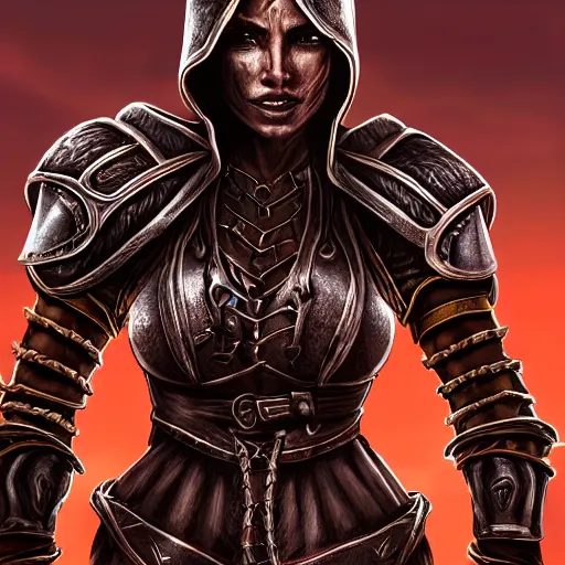 Prompt: unknown the elder scrolls vi hammerfall, charismatic rugged female redguard character portrait partially clothed in hooded metal - plated exquisitely detailed hooded battle armour, desert, tropical jungle setting, atmospheric lighting, painted, intricate, volumetric lighting, beautiful, rich deep colours masterpiece, sharp focus, ultra detailed