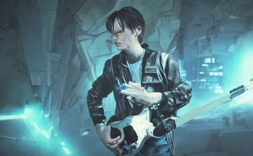 Prompt: found footage of Marty McFly playing a futuristic guitar, in liminal space, cyberpunk, film grain, dark lighting, realistic, photgraph, silent hill style, detailed cinematic lighting