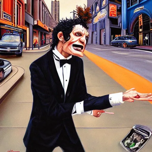 Prompt: a realistic painting of a man in a tuxedo confronting a demon in a busy city street by Jason Edmiston,