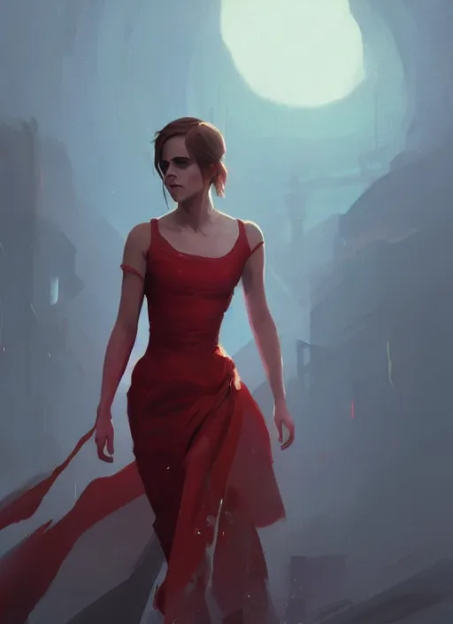 Image similar to a digital painting of Emma Watson wearing a cyberpunk red dress, by netter, style from greg rutkowski, beautiful eyes, full frame, oil painting, featured on artstation, concept art, smooth, sharp focus, illustration, very detailed, ambient lighting, unreal engine render, concept art by Atey Ghailan, by Loish, by Bryan Lee O'Malley