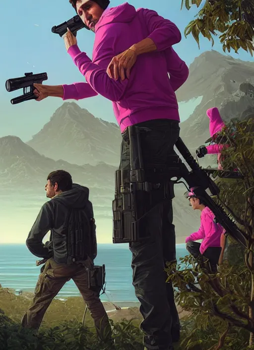 Image similar to highly detailed portrait justin trudeau in ( ( pink hoody ) ) holding ar - 1 5! ( setting costa rica ) in gta v stephen bliss unreal engine fantasy art by greg rutkowski loish rhads ferdinand knab makoto shinkai lois van baarle ilya kuvshinov rossdraws tom bagshaw global illumination radiant light detailed intricate environment