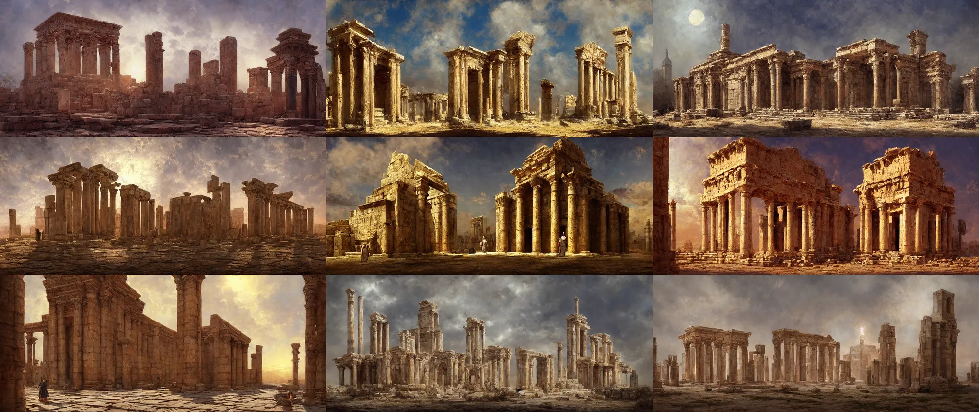 Prompt: Painting of an ancient middle eastern temple mixed with Roman architecture and mixed with Victorian Gothic, painterly, cinematic lighting, artstation, rendered in octane, painterly, brushstrokes, textured, by Bierstadt!!!, by Jean-Baptiste Monge.