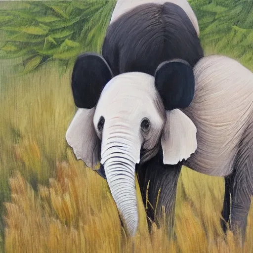 Prompt: an elephant on the back of a panda, oil on canvas