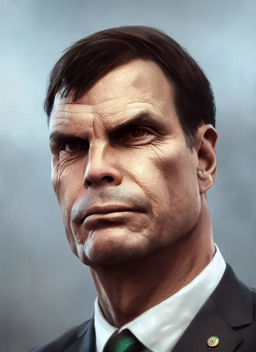 Image similar to A portrait of bolsonaro by Greg Rutkowski, Sung Choi, Mitchell Mohrhauser, Maciej Kuciara, Johnson Ting, Maxim Verehin, Peter Konig, final fantasy, 8k photorealistic, cinematic lighting, HD, high details, dramatic, atmospheric , trending on artstation