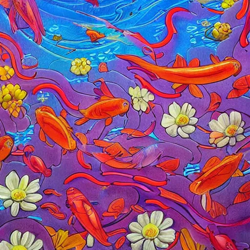 Image similar to a bouquet of colorful flowers, flowers with very long petals,afternoon sunlight, hard light and long shadows, neon glowing, vivid, koi fish flying around detailed painting, by James Jean and Ross Tran, masterpiece, award winning painting