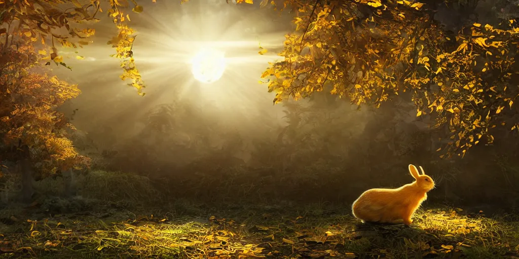 Image similar to A yellow baby rabbit, temple, sunset with falling leaves, Tyndall rays, low angle, light through the mist, dramatic lighting, photorealistic, cinematic lighting, high detail, cinematic feel, high octane, 4K, Unreal Engine, digital render, intricate, ultra realistic, concept art