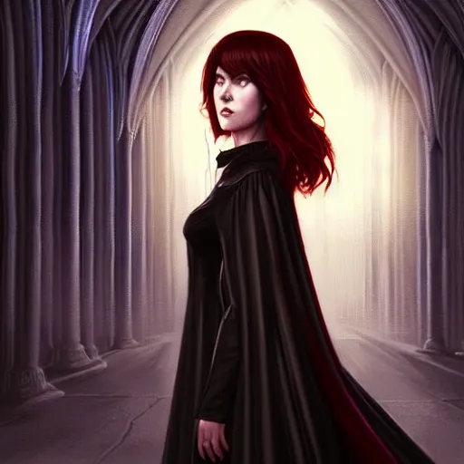 Prompt: a portrait digital painting of mary elizabeth winstead as a vampire in a gothic cathedral at night. painted by artgerm, ross tran.