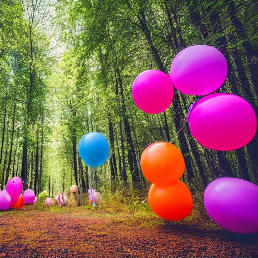 Image similar to An abandoned forest with colorful balloons, Sony a7R IV, symmetric balance, polarizing filter, Photolab, Lightroom, 4K, Dolby Vision, Photography Award