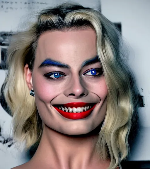 Image similar to margot robbie with joker makeup, pencil drawing, realistic face, beautiful eyes, smiling, hyper realistic, highly detailed