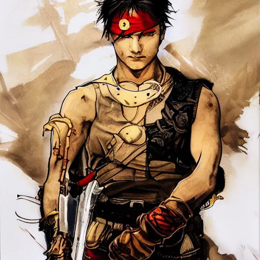 Image similar to portrait of a young white hero using his right arm to hold his sword covering his eye by yoji shinkawa, high quality, extra details, realism, ornate, colored, golden chain, blood, white skin, short hair, brown eyes, vivid, sunlight, red headband, black eyepatch, white american soldier, painting, cybernetics, military