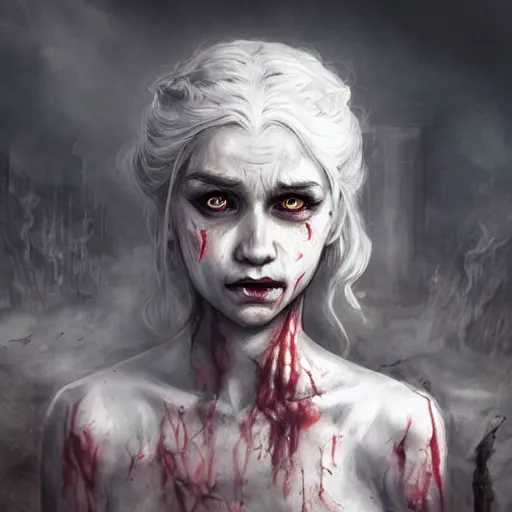 Prompt: a zombie Daenerys, by WLOP, horror, wounds, bloody, dark fantasy, trending on artstation