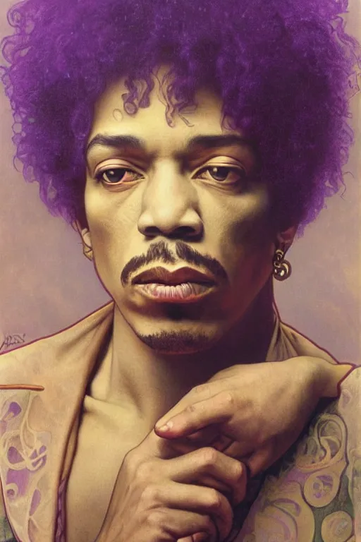 Prompt: A mesmerizing 8k hyperrealistic portrait of a purple jimi hendrix transforming into a purple haze, soft, sharp focus, detailed, art by Alphonse Mucha