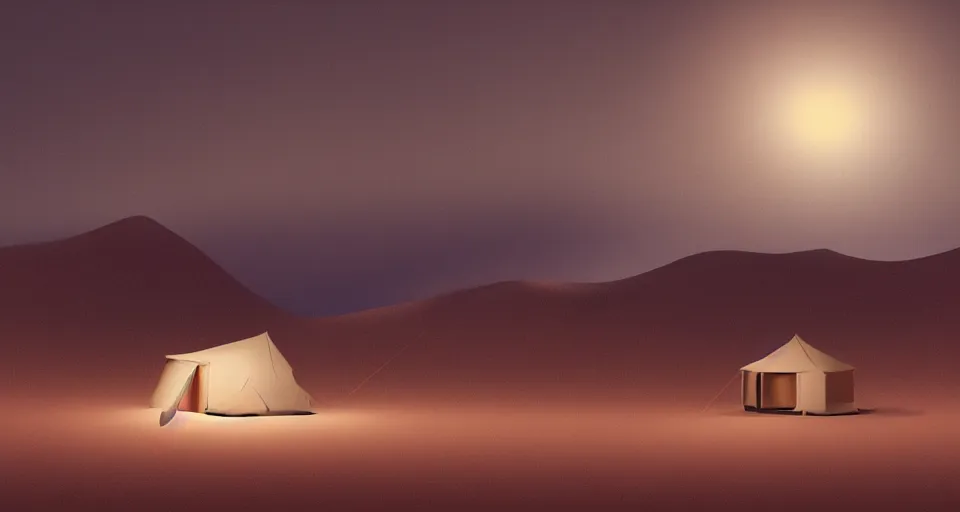 Image similar to hyper realistic matte painting of a small tent in the desert with dunes at midnight, dark color scheme, artstation