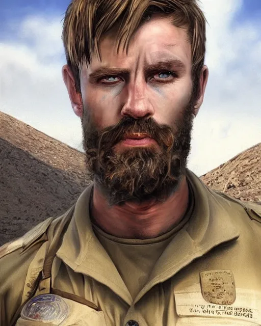 Image similar to portrait of muscular, tired and alcoholic 3 0 - year - old handsome man with short darkblonde hair, serious sad look in his eyes, dirty beard, blue eyes, wearing dirty soldier uniform, on the desert, hyper realistic face, beautiful eyes, character art, art by mark brooks, hyperdetailed, cryengine, trending on artstation, digital art