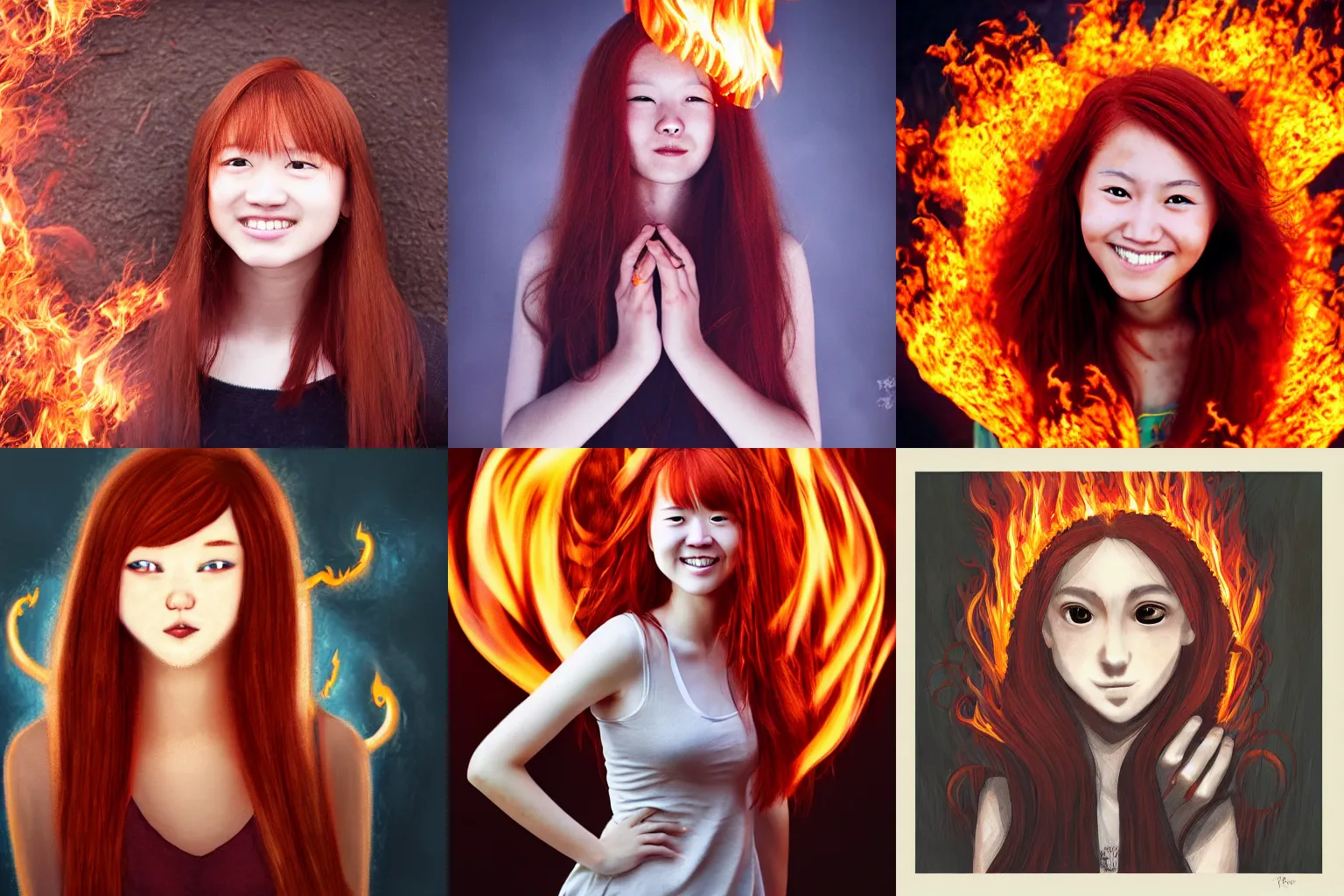 Prompt: a red haired brown eyed teenage girl surrounded by rings of flames and wisps of fire smiling maliciously. By Xiao Tong.