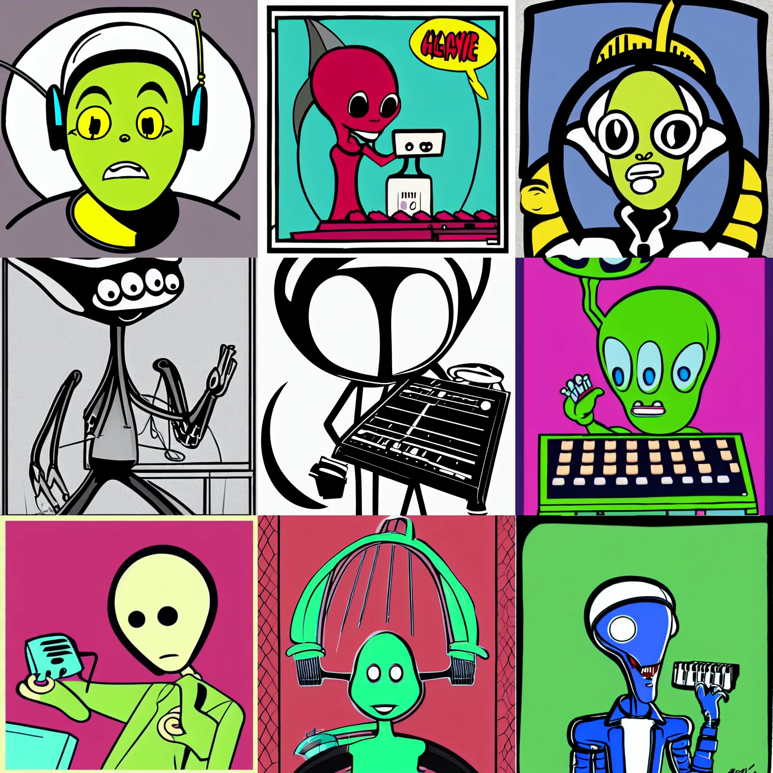 Prompt: an alien with a synthesizer as a head in the style of old cartoons, character, toon, vintage