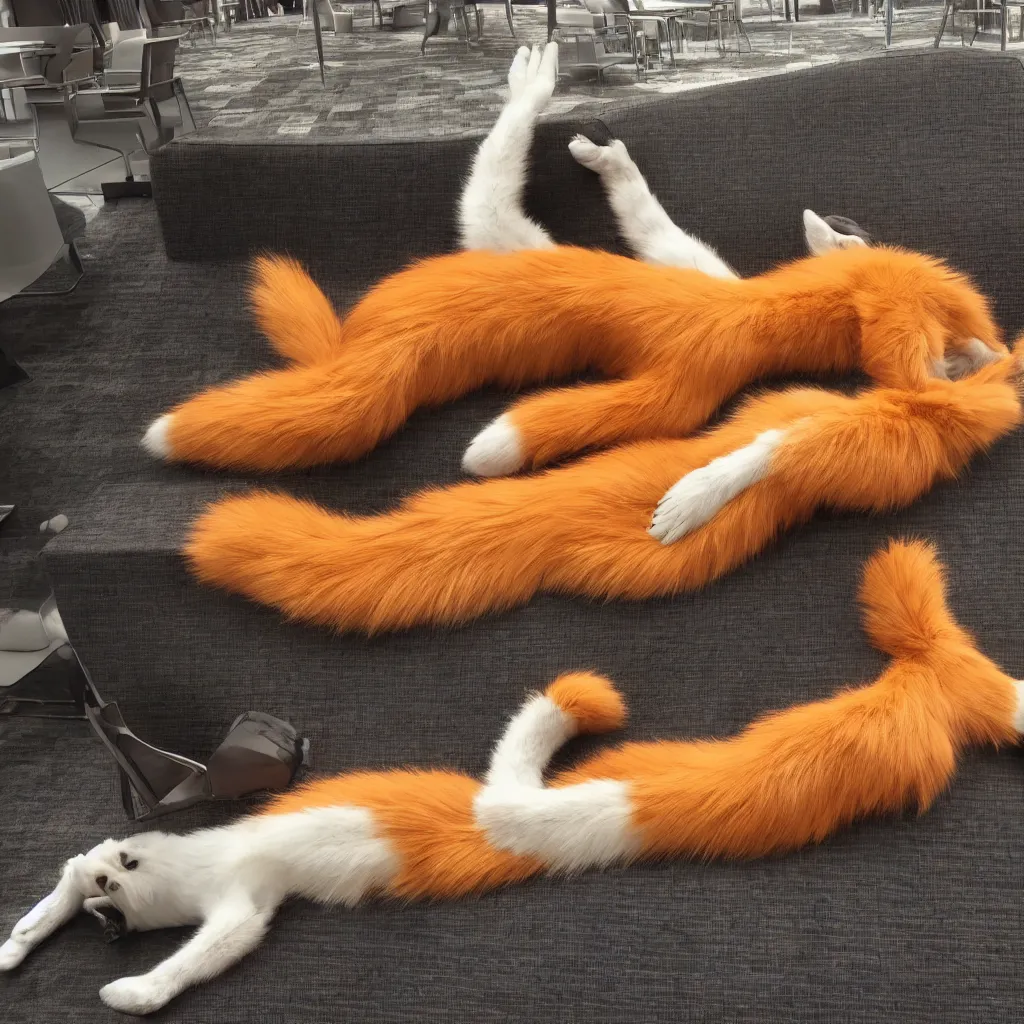 Image similar to anthropomorphic furry anthro fox lounging in a futuristic hotel