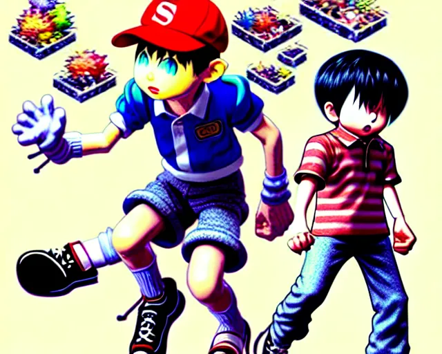 Image similar to ness from earthbound, highly detailed digital illustration, by takeshi obata, yoshitaka amano, ross tran, hirohiko araki, koyoharu gotouge