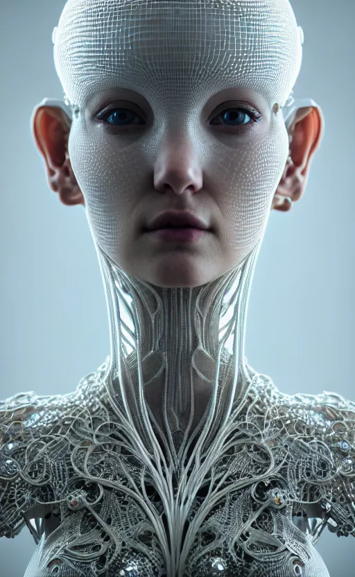 Prompt: intricate hyper detailed ultra sharp natural bright light 3 d render of a beautiful smooth porcelain fascinating cyborg woman portrait, medium shot portrait, alexandre ferra mecha, cyberpunk art nouveau haute couture huge fractal white silver gold mycelum and crystal pore fungi head ornaments, big embroidered leaves filigree spreaded roots, octane render, volumetric cinematic lighting, 8 k, vray tracing