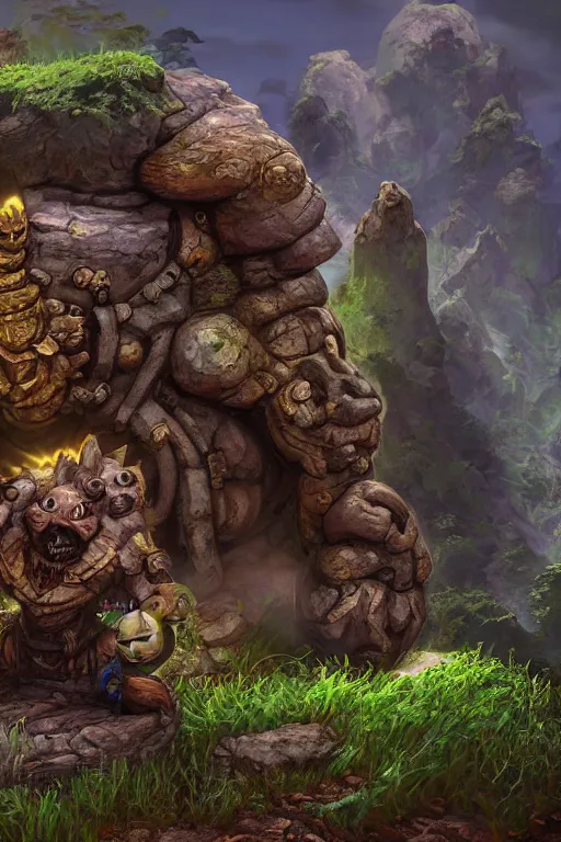 Image similar to zelda fantasy art giant golem troll wood rock greeble gemstone, global illumination ray tracing hdr fanart arstation by sung choi and eric pfeiffer and gabriel garza and casper konefal