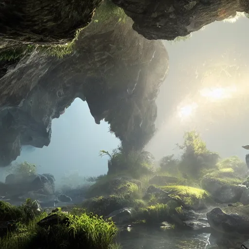 Prompt: Overgrown stone Cave, high detailed thin stalagmites, high detailed thin stalagtites, , Rays of light shining from above, Crystal Lighting, Mystical, Hyperrealistic, 4K, Unreal Engine, Highly Detailed, Dramatic Lighting, Magical, Beautiful