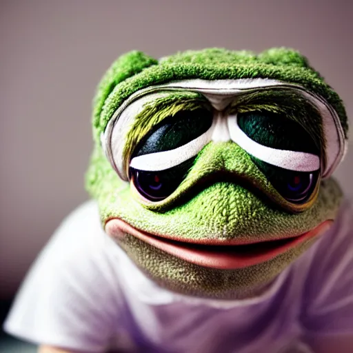 Prompt: closeup potrait of pepe frog Ina cozy room, natural light, sharp, detailed face, magazine, press, photo, Steve McCurry, David Lazar, Canon, Nikon, focus