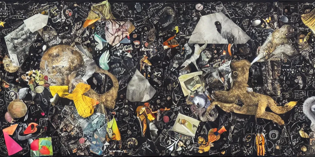 Image similar to rendered in blender artistic depiction of all life forms on earth, black background, collage paper and tape, gouache on canvas, dadaism, high resolution, cinematic, unreal 6, breathtaking detailed, by ozdemir altan