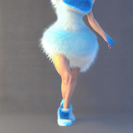 Image similar to 3 d render, well toned, large, female anthropomorphic wolf, blue fur with white spots, icey blue dress.