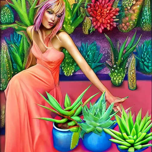 Prompt: painting by Artgerm of a beautiful woman with shoulder length rainbow hair in a coral dress putting colorful South African bitter aloe succulents into rainbow pots at a round table