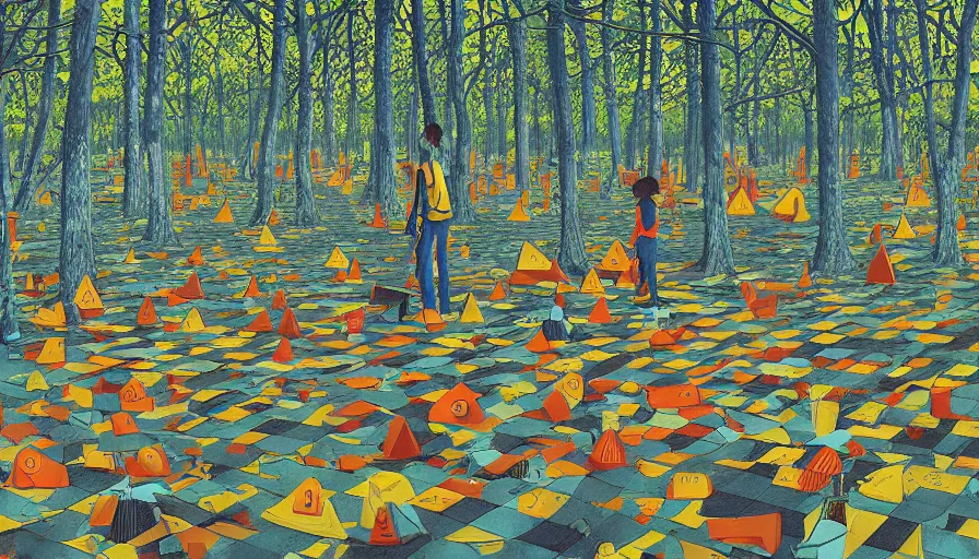 Image similar to safety cones scattered around an oak tree forest checker board forest floor, by james jean by ilya kuvshinov kintsugi, hyper detailed surrealist painting