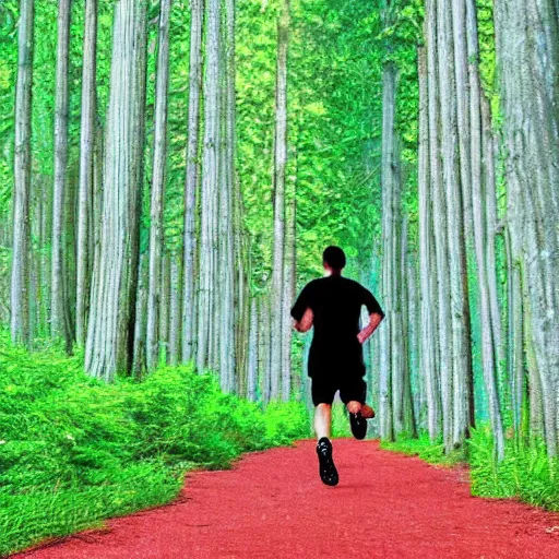 Prompt: a sporty guy runs alone through a forest with tall trees, acid-green sneakers, a photo from the back in perspective, art by Outram Steven,