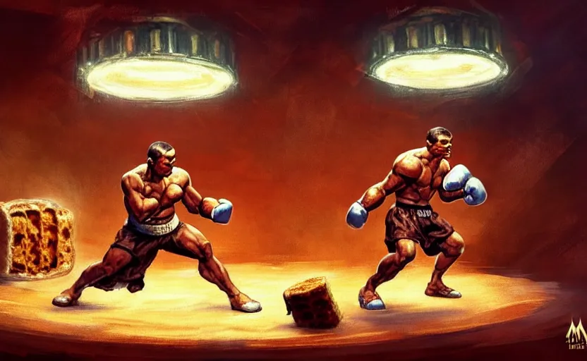 Prompt: a boxer made completely out of toast and bread ; magic : the gathering fantasy character concept art by frank frazetta and marco bucci, high resolution. boxing ring in the background, dramatic stadium lighting, fantasy coloring, intricate, digital painting, artstation, smooth, sharp focus