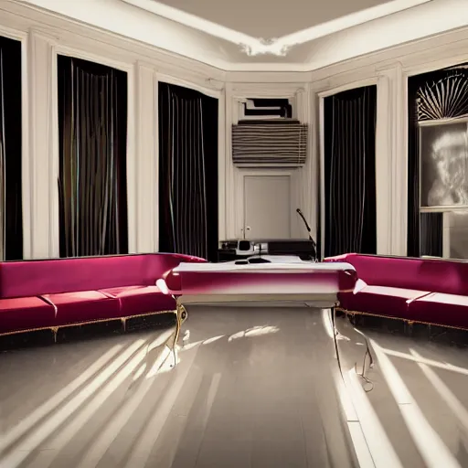 Prompt: A photorealistic virtual music studio, Paris hotel style, red velvet furniture, light rays coming out of the windows, the windows have a view on Paris, raytracing, highly detailed, futuristic, unreal engine 5, photoscanned, photorealistic,
