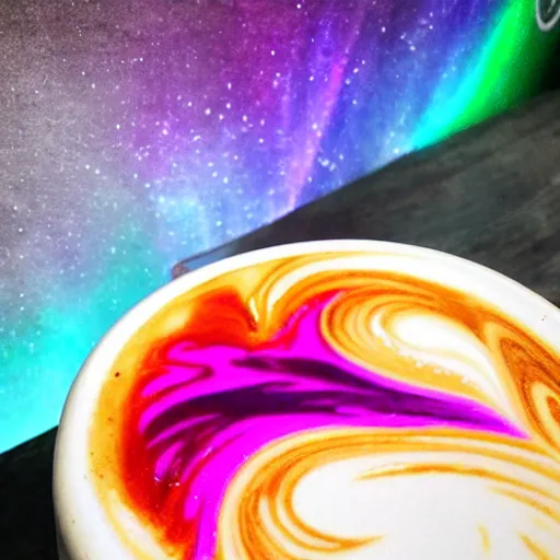 Prompt: caffe latte art that looks like aurora borealis, 4 k, trending, good lighting, professional, wow, skilled artist