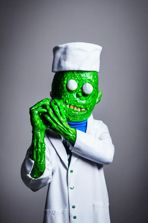 Image similar to real life pickle rick with white labcoat and blue spiky hair, zeiss lens, photography