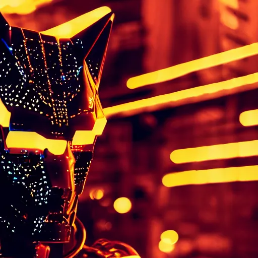 Image similar to portrait of cybernetic wolf, machine, translucent liquid, cyberpunk, robot, mechanical parts, jewelry, editorial photography, neons, blade runner, futuristic style, realistic bokeh and depth of field, award winning, establishing shot