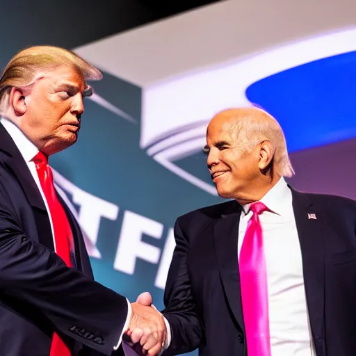 Image similar to photo of donald trump shaking joe bidens hand, gracefully accepting election results. conceding. wow the ai only shows donald trump shaking just own hand somehow lol...