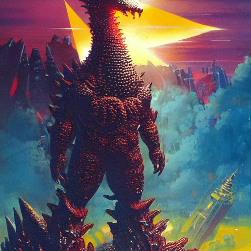 Prompt: a large anthropomorphic godzilla shaped mecha by paul lehr and moebius