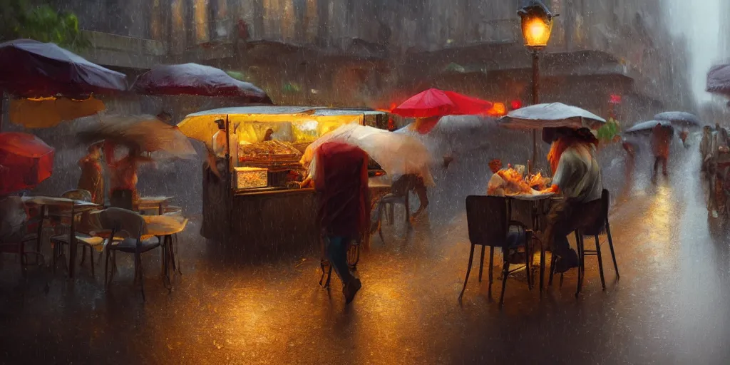 Image similar to Street food vendor prepares your meal as it rains, cozy wallpaper, 4k, high details, volumetric dynamic lighting, motion blur, blur, bokeh, trending on Artstation, award-winning, art by Greg Rutkowski