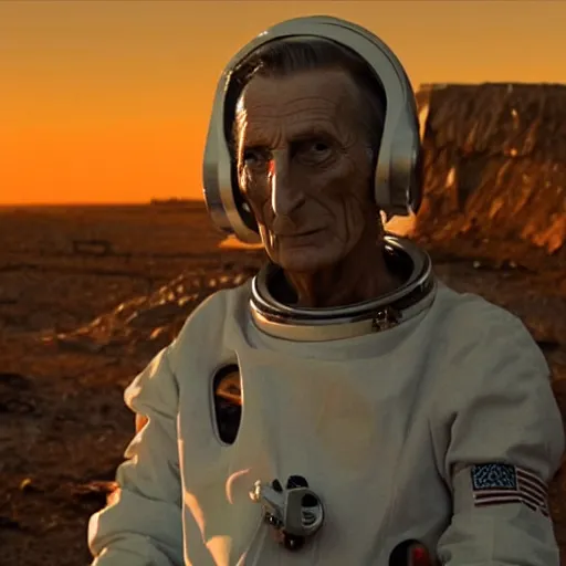 Prompt: Peter Cushing wearing an astronaut suit in an abandoned post apocalyptic western town at sunset, realistic