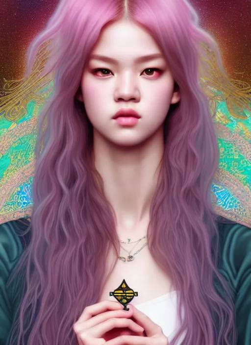 Image similar to jossi of blackpink, king, tarot card, highly detailed, digital painting, smooth, sharp focus, illustration, ultra realistic, unreal engine, 8 k, art by artgerm and alphonse mucha