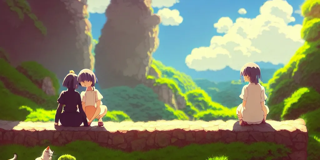 Prompt: the girl and the cat, sitting on stairs. morning in a small village in the mountains, rocky roads, beautifull puffy clouds. anime, studio ghibli. intricate, beautiful, cinematic. professional digital painting, artstation, concept art, smooth, Unreal Engine 5, 8k, cinema 4d, 3D