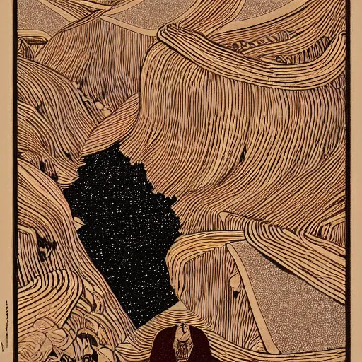 Prompt: the meaning of life, woodblock, black fine lines on warm brown, by victo ngai, by stanley donwoood