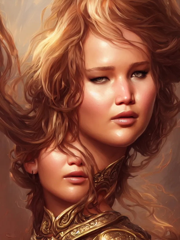 Image similar to Jennifer Lawrence, closeup, D&D, fantasy, intricate, elegant, highly detailed, digital painting, artstation, concept art, matte, sharp focus, illustration, hearthstone, art by Artgerm and Greg Rutkowski and Alphonse Mucha