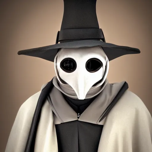 Prompt: a plague doctor waving at the camera, smiling, happy, photo realistic, octane render, 4K,
