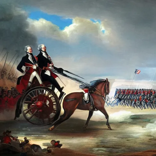 Image similar to George Washington driving a Dodge Challenger into battle towards the British soldiers in the revolutionary war, epic, concept Art, detailed, 4K