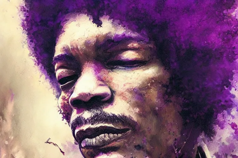 Prompt: jimi hendrix transforming into a purple haze, soft, sharp focus, detailed, artwork by greg rutkowski