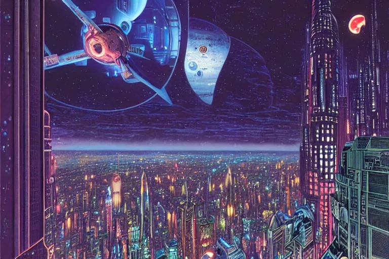 Image similar to a scifi illustration, Night City on Coruscant by joe jusko